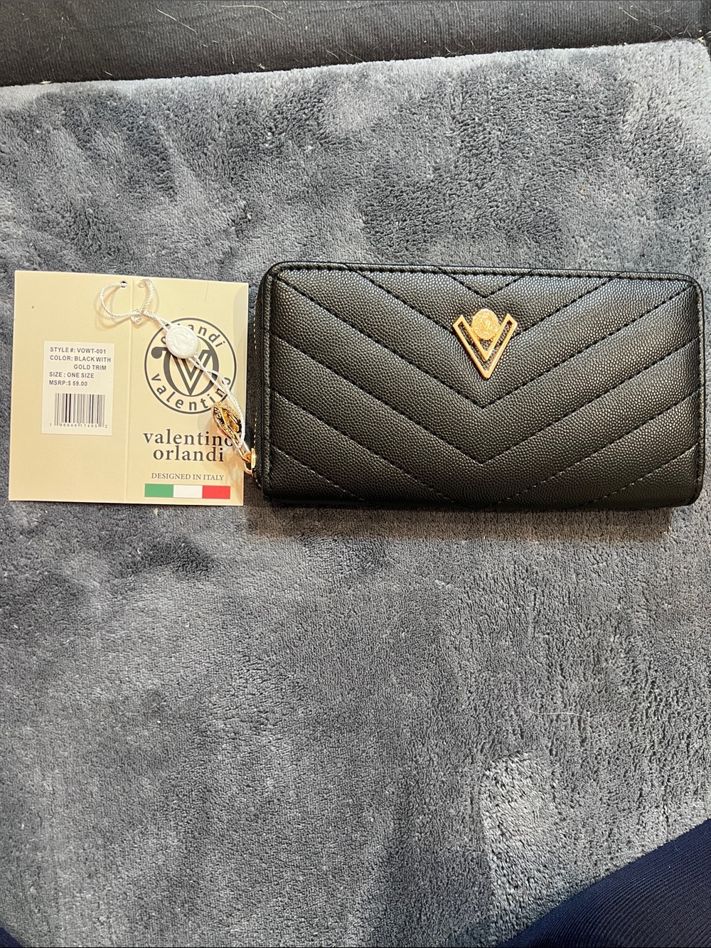 Valentino Orlandi Black Quilted Zip-Around Wallet with Gold Emblem